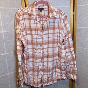 Banana Republic Mens Large 100% Linen Plaid Button Down Shirt Orange White L